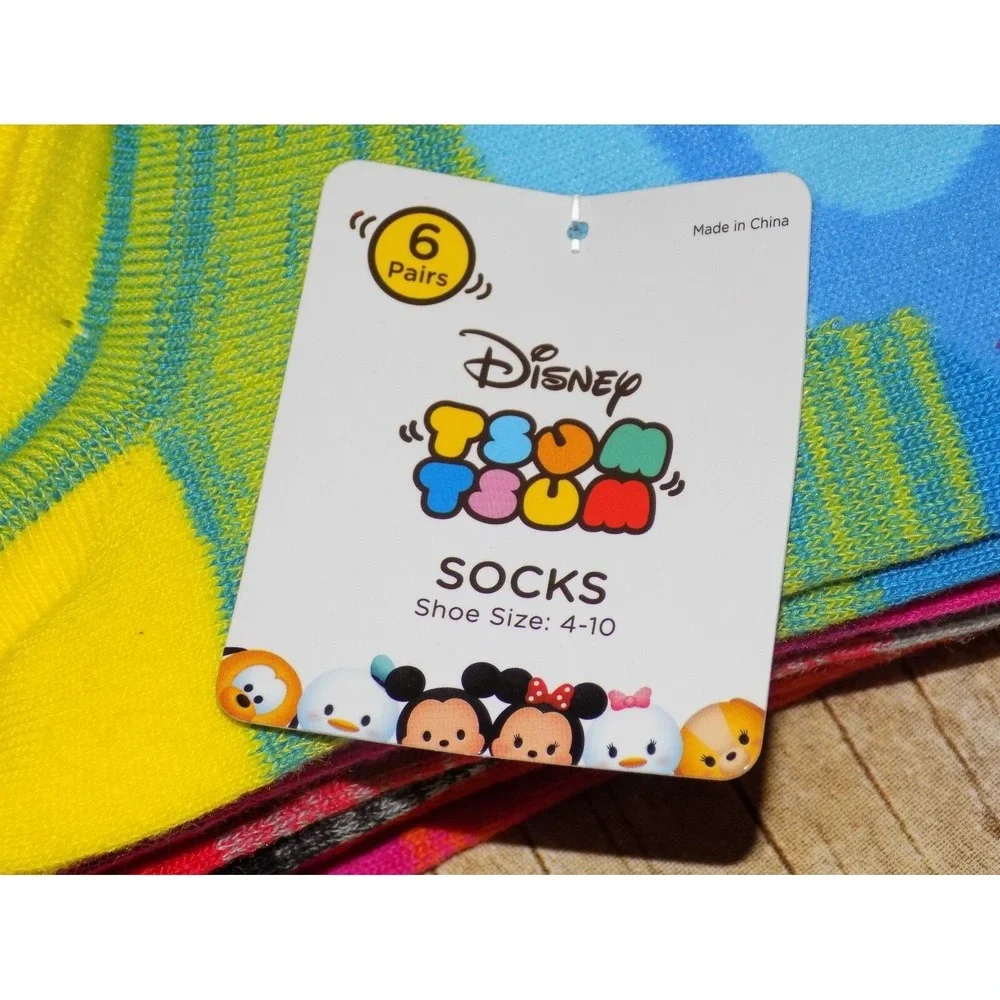 DISNEY TSUM TSUM 6 Pairs of Socks Fits Shoe Size 4-10 Stich Mickey Minnie NEW